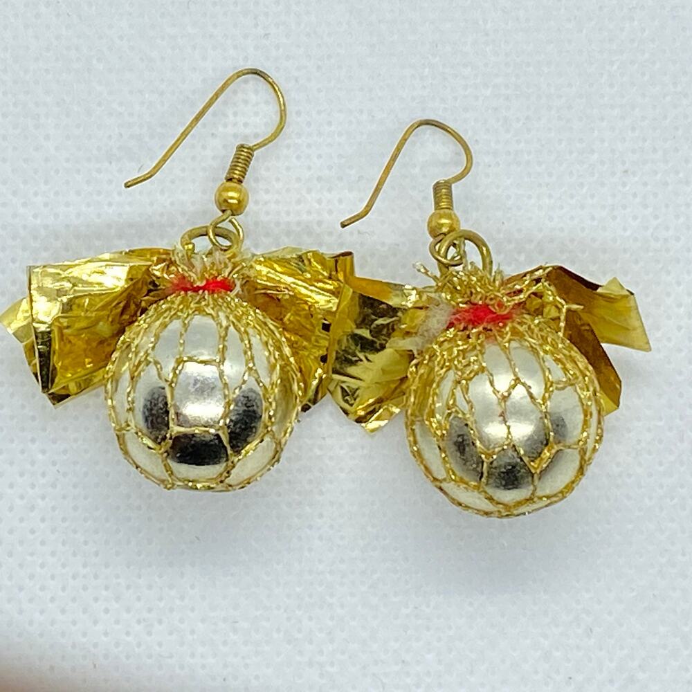 Vintage Gold Christmas Earrings Foil Wrapped Bulb Dangle Splash Festive Red
